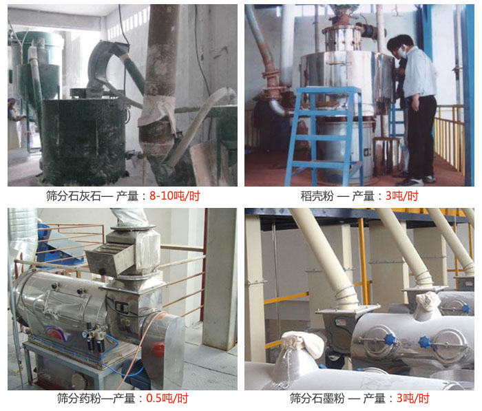 氣旋篩分機篩分石灰石，藥粉，石墨粉，稻殼粉等案例現(xiàn)場