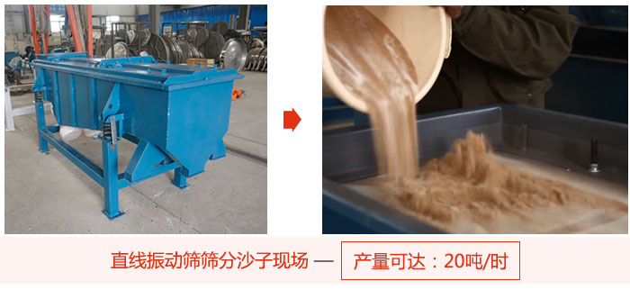 直線振動(dòng)篩篩分沙子現(xiàn)場(chǎng)展示,產(chǎn)量高達(dá)20噸每小時(shí)。
